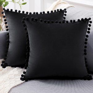 Set of 2 Black Soft Velvety Velour Pom Pom Velvet Pillow Covers Couch Pillows